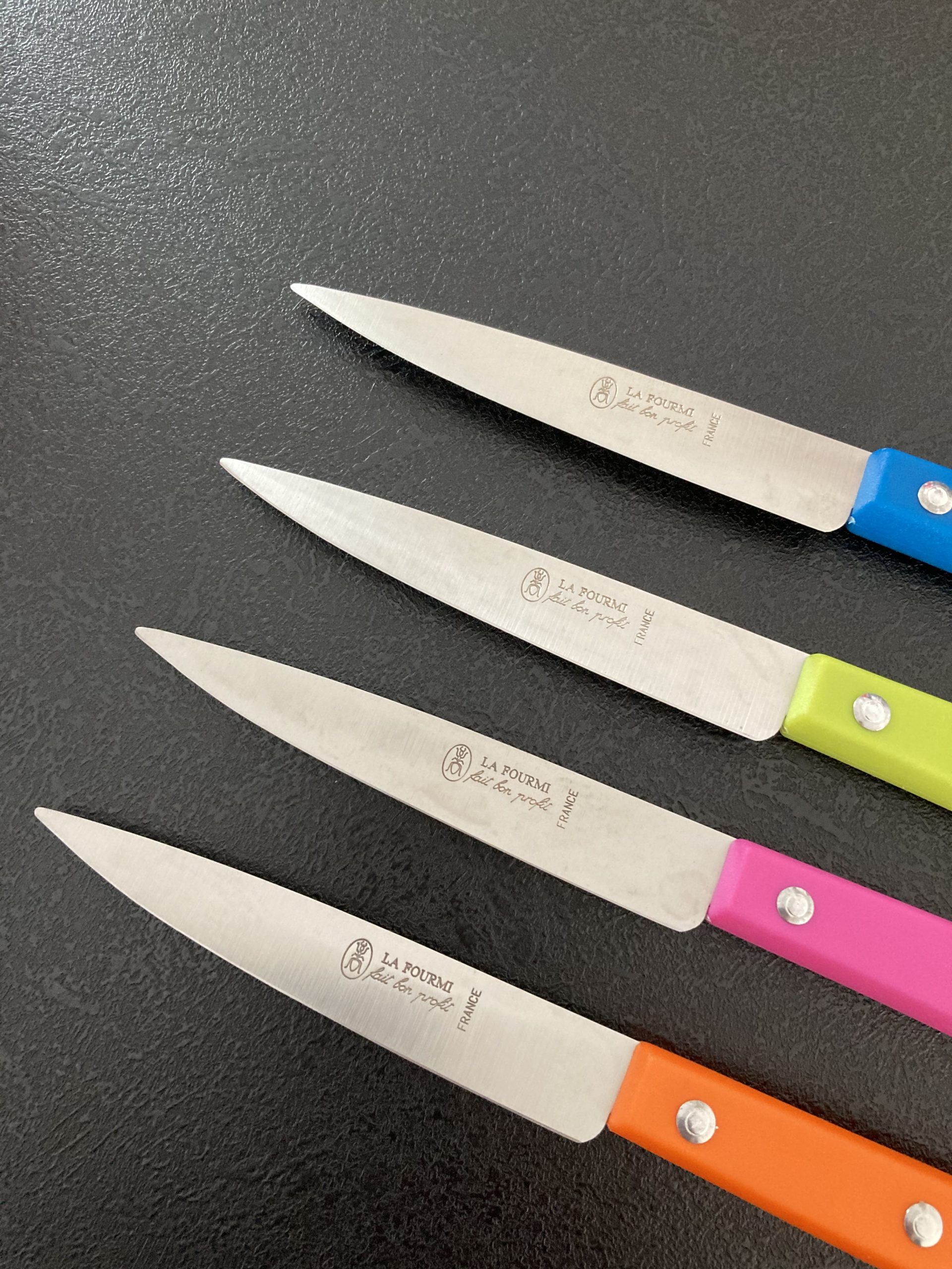 couteau office La Fourmi, 4 couteaux d'office manche plastique en couleur 